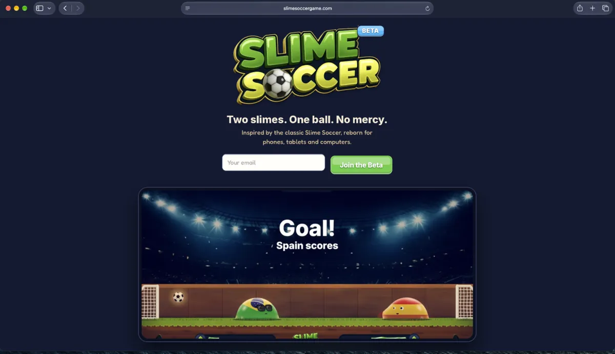 Screenshot of the slimesoccergame.com home page.